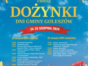 Powiększ obraz: Zapraszamy na Dożynki Gminne oraz Dni Gminy Goleszów w dniach 24 i 25 sierpnia, które będą prawdziwym świętem muzyki, tańca i tradycji. Na scenie wystąpią wyjątkowe i różnorodne zespoły artystyczne. 