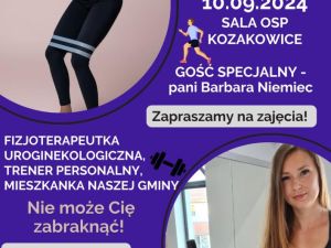 Powiększ obraz: Polecamy zajęcia w ramach cyklu "Rozruch Kozakowic", które odbędą się we wtorek, 10 września w godz. od 18.30 do 19.30 w sali Ochotniczej Straży Pożarnej w Kozakowicach.