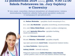 Powiększ obraz: W sobotę, 12 października, w godzinach od 9.00 do 12.00 w Szkole Podstawowej im. Jury Gajdzicy w Cisownicy odbędzie się „biała sobota”, czyli darmowe spotkanie profilaktyczne z lekarzami specjalistami.