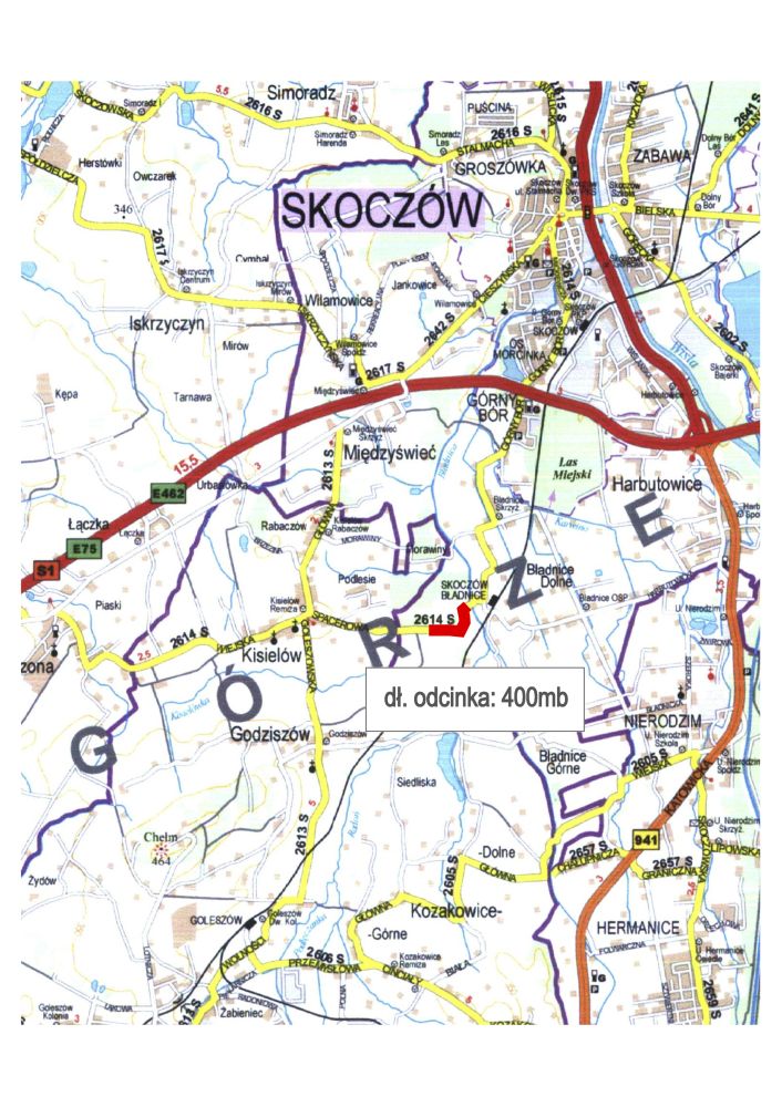 Powiększ obraz: Przeznaczony do remontu blisko 400-metrowy odcinek ul. Spacerowej w Skoczowie zaznaczony został na czerwono.